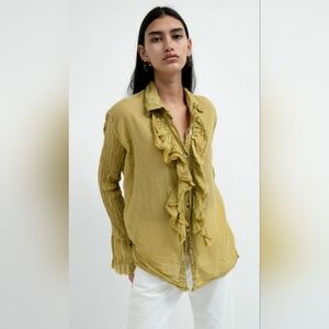 Q House Of Basics Size XS Mustard Prince L/S Gauze Ruffle Blouse